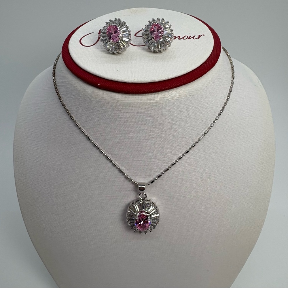 Pink And Clear Cubic Zirconia Sun Halo Necklace And Earrings Set